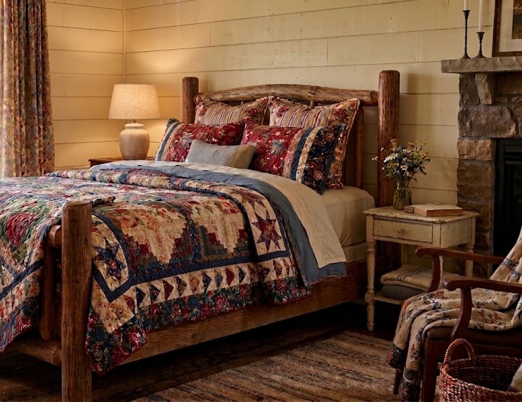 A handmade quilt on a log bed in a cabin bedroom